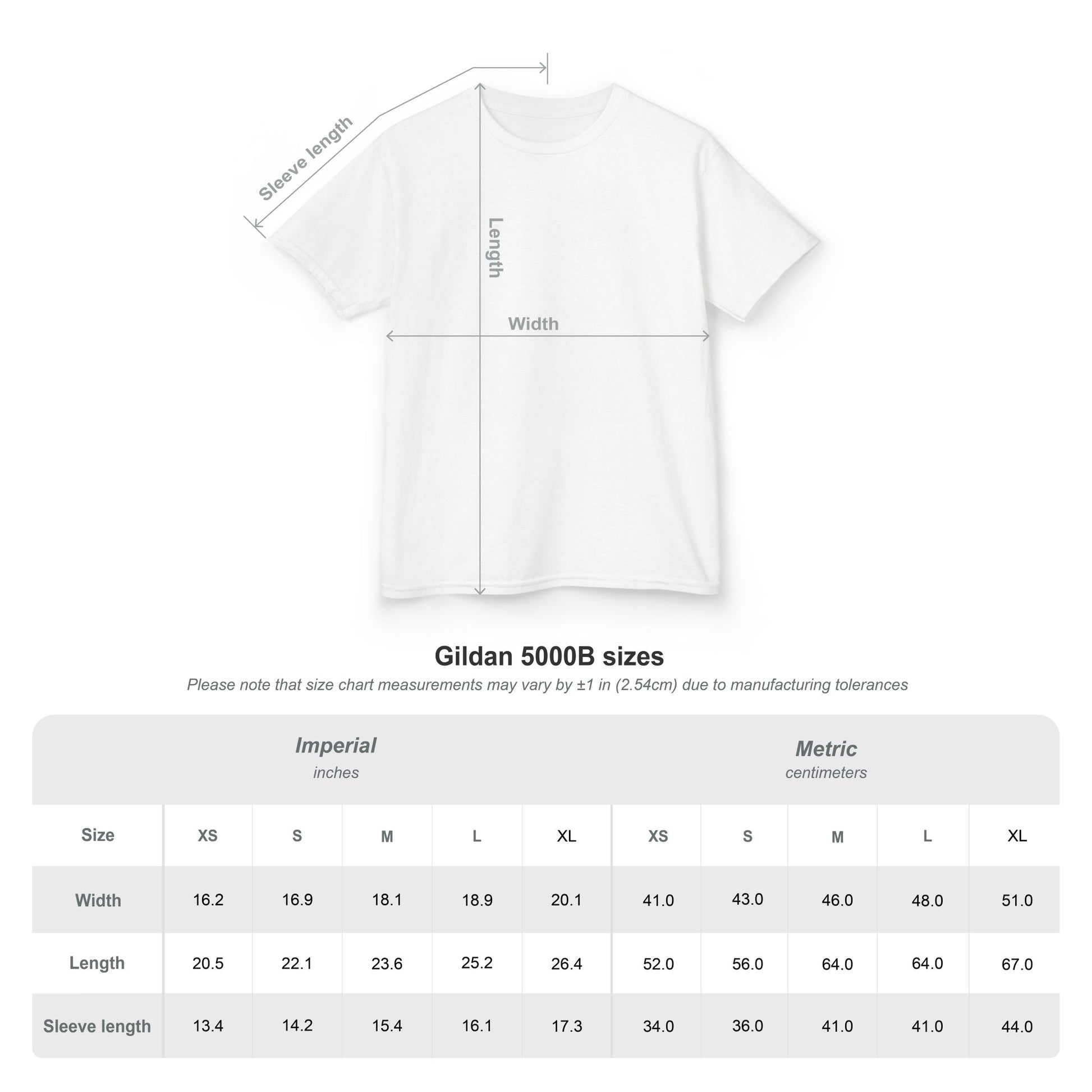 Gildan 5000B T-Shirt size chart