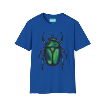 Royal blue t-shirt featuring an illustration of a June bug (green chafer beetle) across the chest.