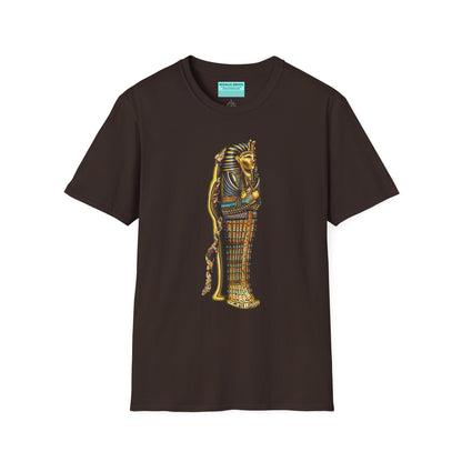 Brown t-shirt featuring an illustration of an Egyptian sarcophagus, with a mummy stepping out of it and glowing red eyes.