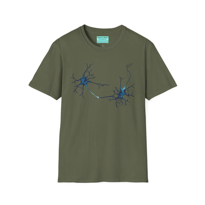 Military green t-shirt featuring an illustration of two blue neurons extending toward each other and forming a synapse across the front.