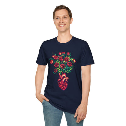 Man wearing a navy shirt featuring an illustration of an anatomical heart used as a vase, with a bouquet of roses emerging from it.