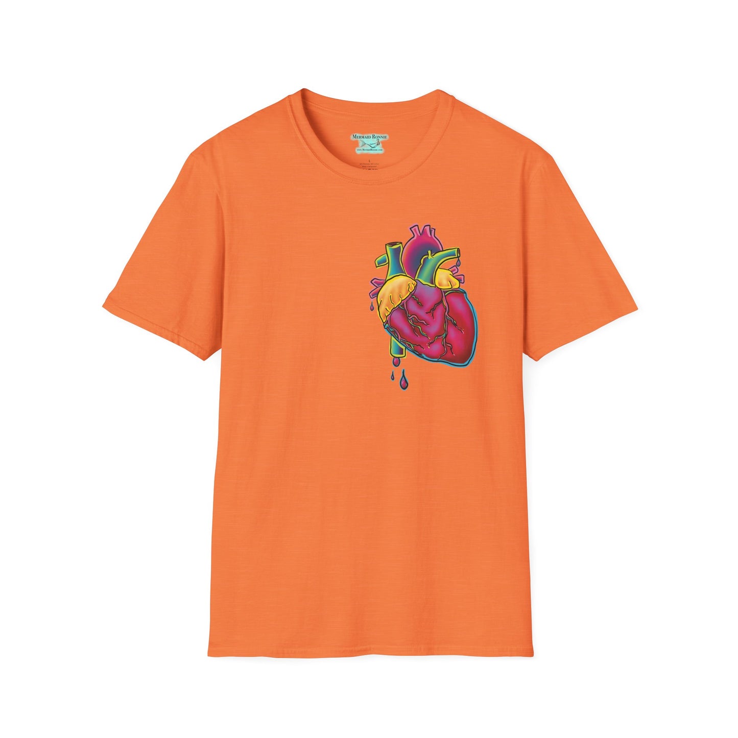 Anatomical Heart Graphic Tee, Neon Heart with Blood Dripping, Adult Unisex Short Sleeve Tee