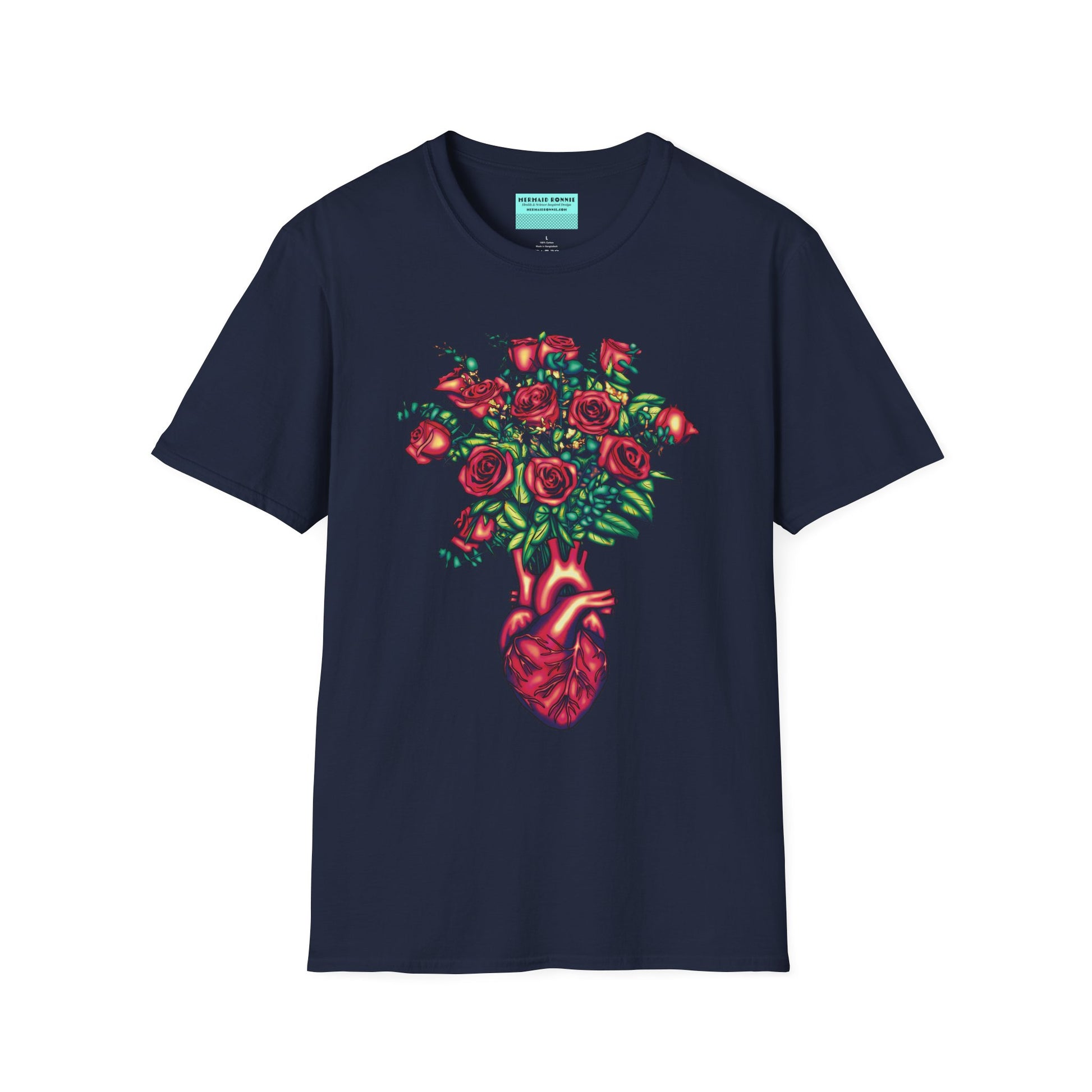 Navy shirt featuring an illustration of an anatomical heart used as a vase, with a bouquet of roses emerging from it.