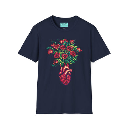 Navy shirt featuring an illustration of an anatomical heart used as a vase, with a bouquet of roses emerging from it.