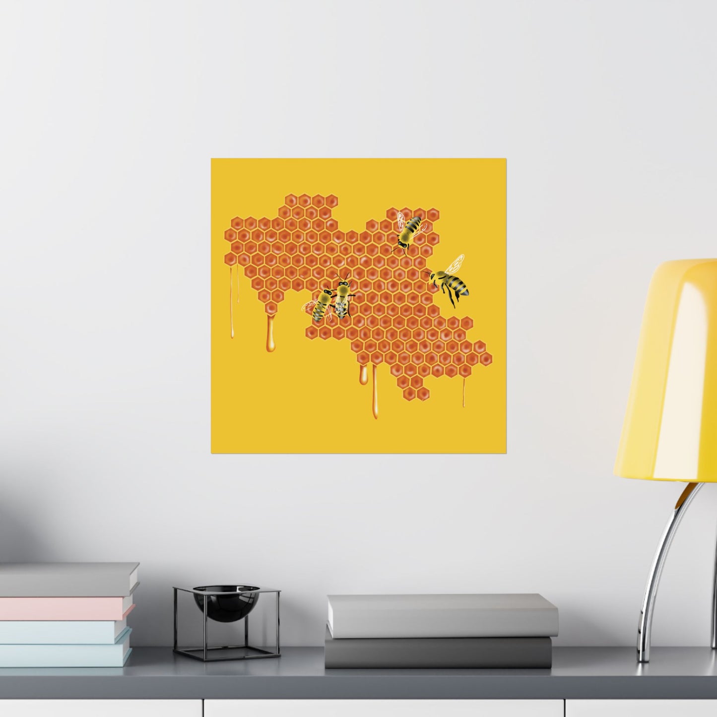 Honeybees on Honeycomb Wall Art Print, Dripping Honey, Yellow and Orange Nature Poster