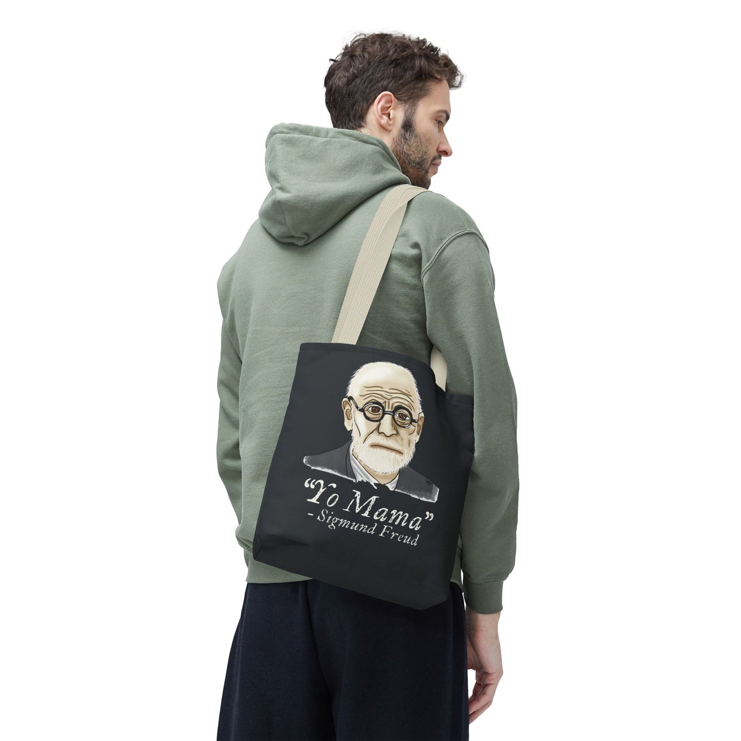 Funny Sigmund Freud Tote Bag, Psychology Humor Reusable Bag, Dark Grey Canvas Bag with Beige Handles