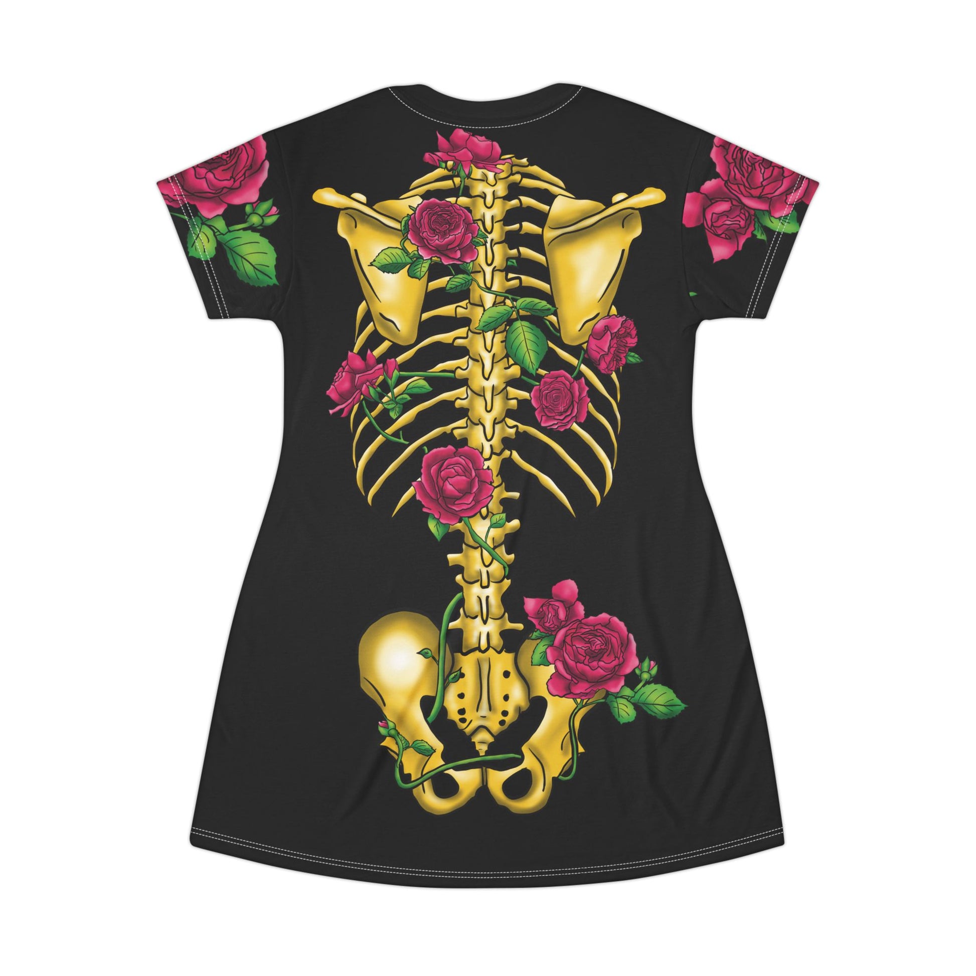 Posterior view of a black t-shirt dress featuring a gold anatomical illustration of the human skeleton on the back, adorned with blooming pink roses interwoven through the bones.