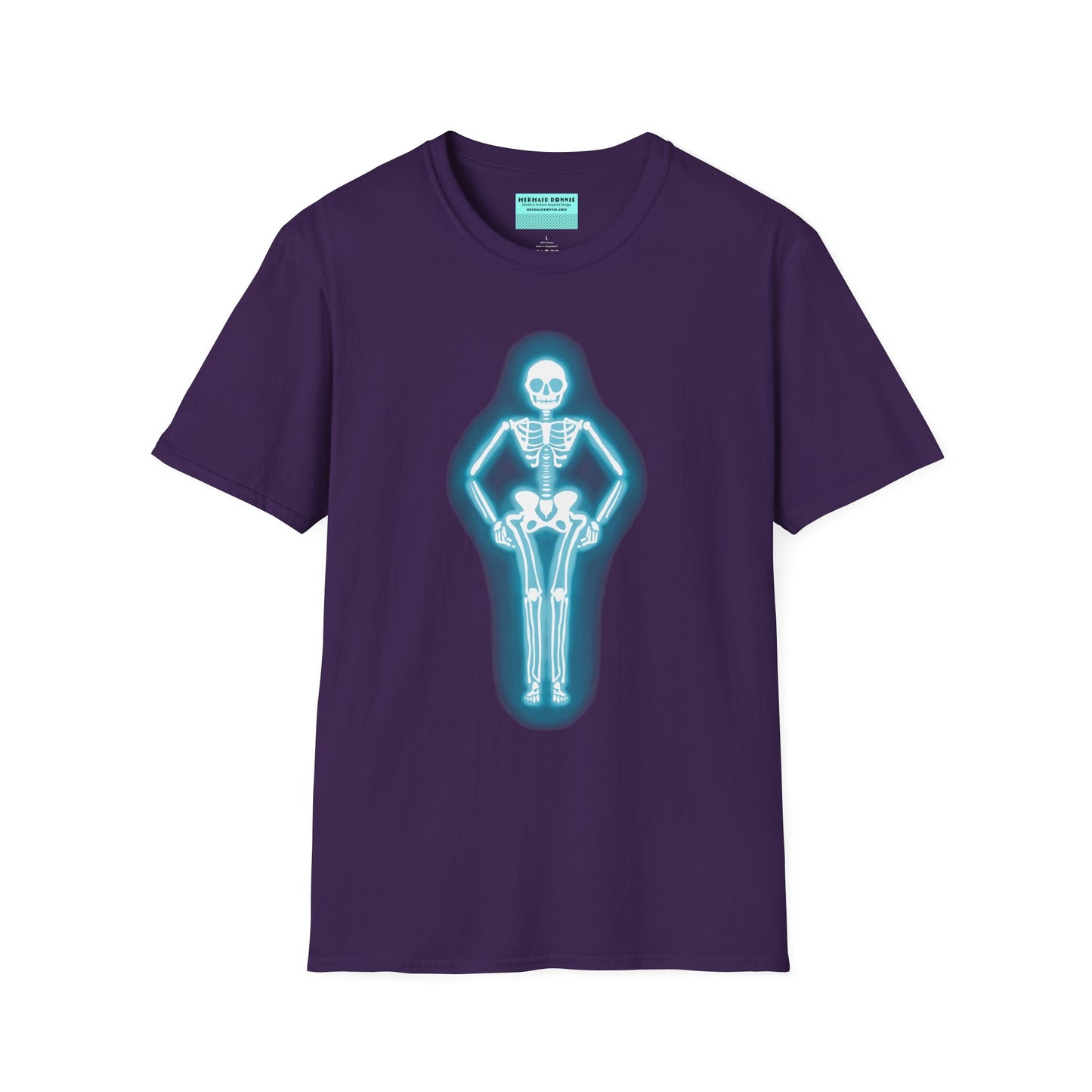 Purple t-shirt featuring an illustration of a glowing neon sign in the shape of a skeleton.