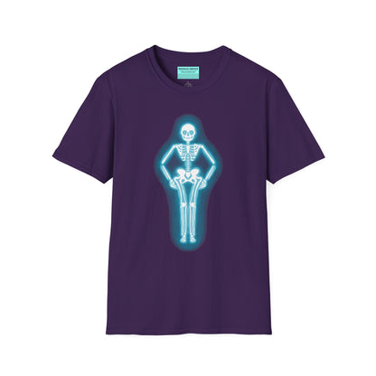 Purple t-shirt featuring an illustration of a glowing neon sign in the shape of a skeleton.