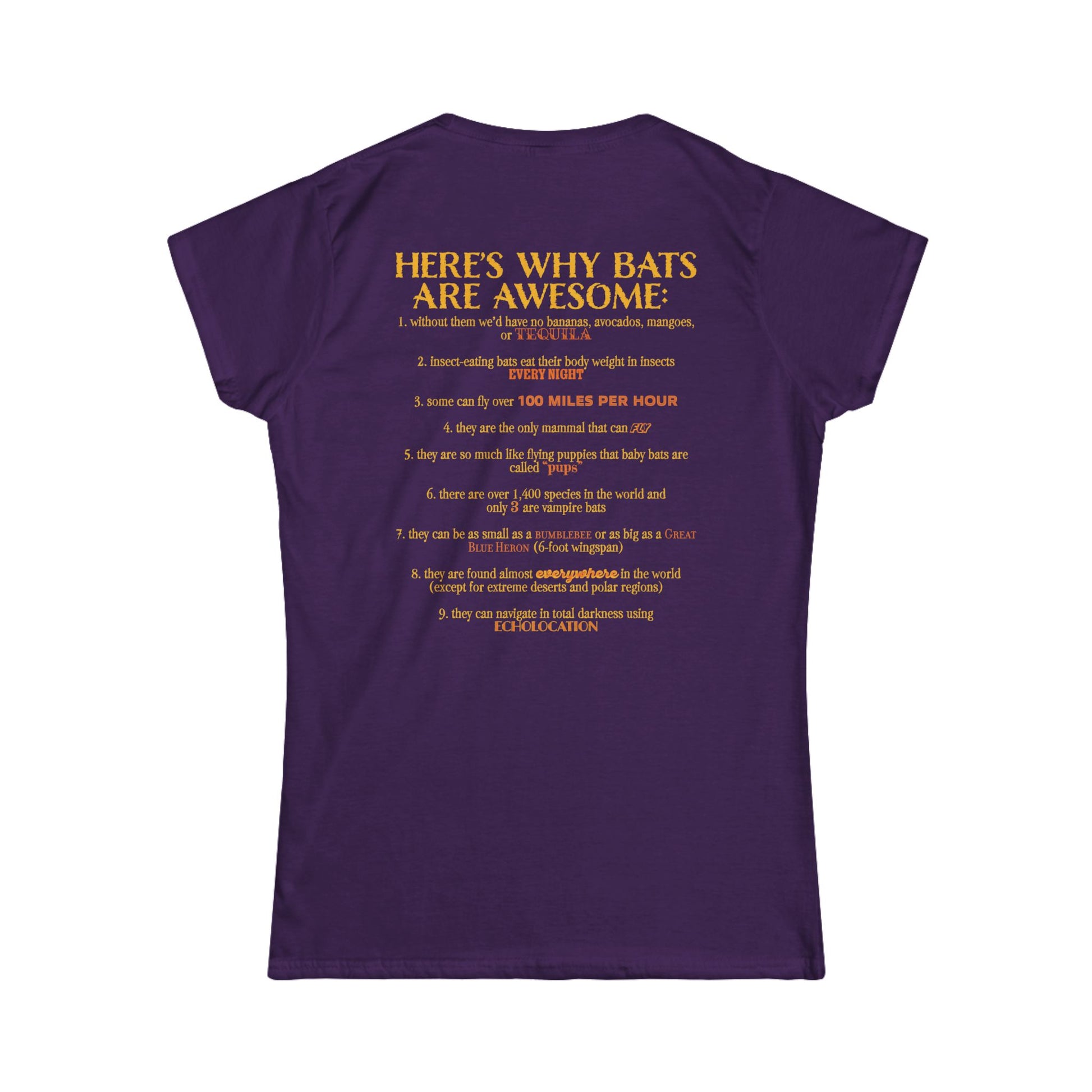 Back of a women’s t-shirt in dark purple, with the heading 'Here’s why bats are awesome' followed by a list of nine bat facts printed beneath it.