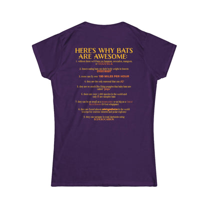 Back of a women’s t-shirt in dark purple, with the heading 'Here’s why bats are awesome' followed by a list of nine bat facts printed beneath it.