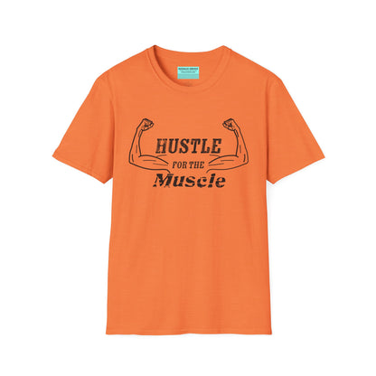 Orange unisex short sleeve t-shirt with a bold graphic of strong, flexed feminine arms and the empowering phrase "Hustle for the Muscle"—because strength is stylish and lifting is for everyone.