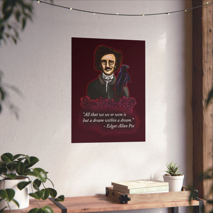 An extra-large moody poster of Edgar Allan Poe, wearing a wry smile as he’s surrounded by crimson roses and a raven, with a rich burgundy background—because even the master of macabre has a soft spot for gothic romance.