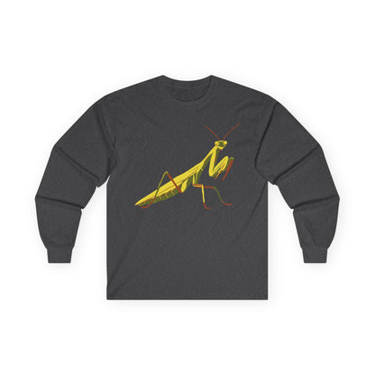Long sleeve unisex dark grey shirt featuring an illustration of a yellow and green praying mantis insect on the front.