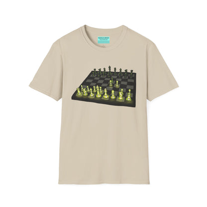 Beige unisex short-sleeve t-shirt featuring an electrifying chess board with glowing pieces mid–Queen’s Gambit, because nothing says “checkmate” like opening with flair and a radiant strategy.