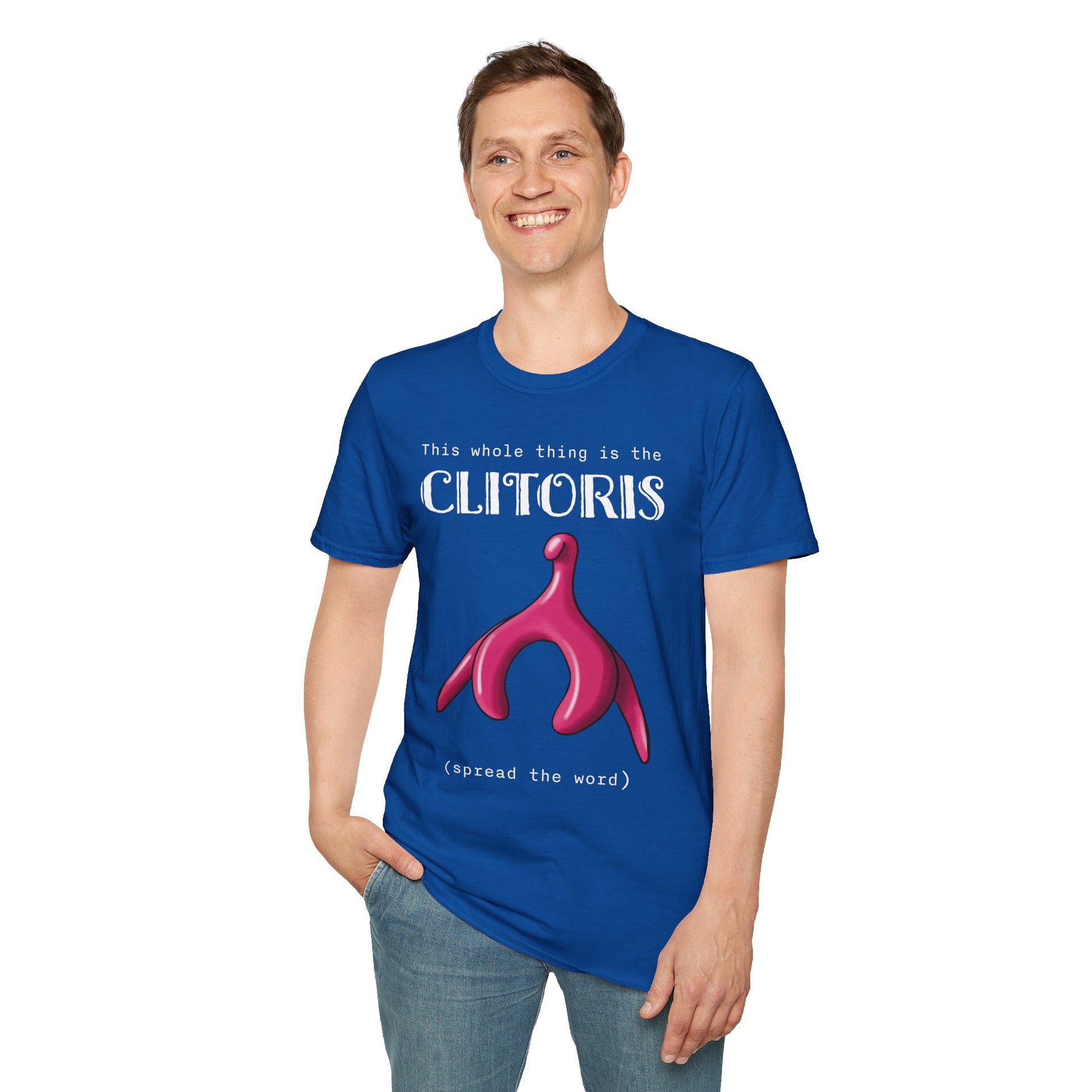 Man wearing a royal blue t-shirt with an illustration of the clitoris and white text that reads 'this whole thing is the clitoris. spread the word’.