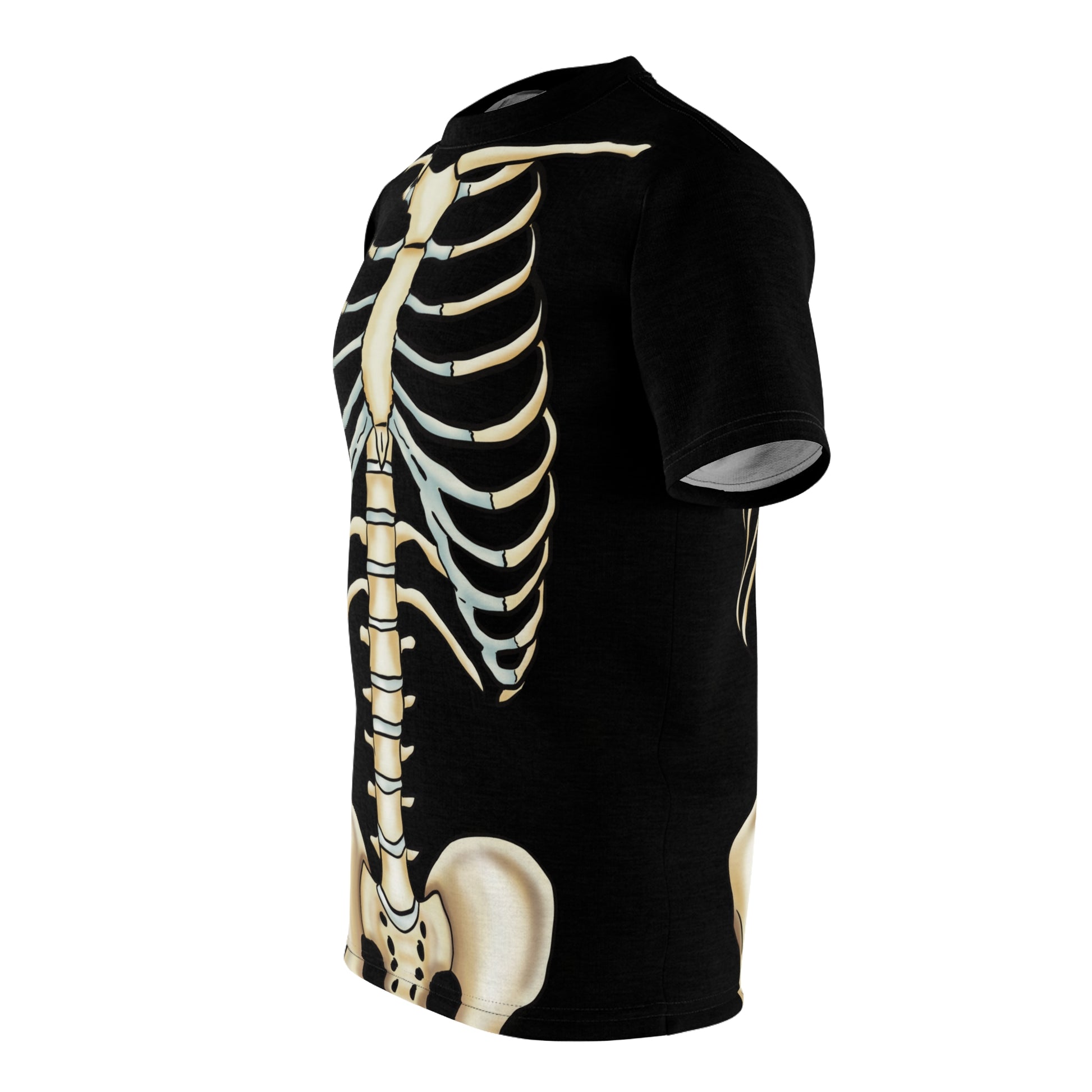 Left side view of a unisex black athletic t-shirt with a detailed anatomical skeleton design that looks like an x-ray—perfect for when you want to flex your muscles and your inner structure.