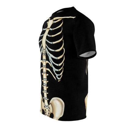 Left side view of a unisex black athletic t-shirt with a detailed anatomical skeleton design that looks like an x-ray—perfect for when you want to flex your muscles and your inner structure.