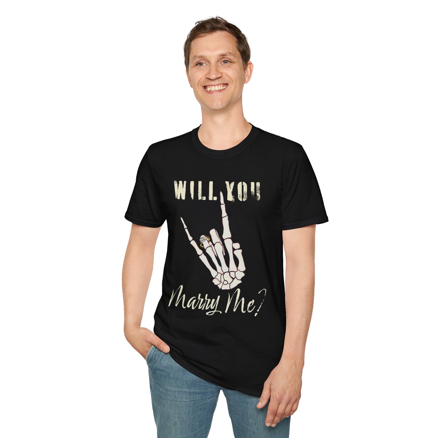 Will You Marry Me T-Shirt, Skeleton Rock and Roll Symbol, Unisex Wedding Proposal Tee