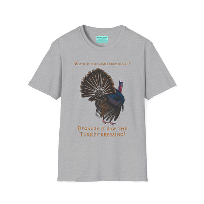 Grey Thanksgiving t-shirt featuring a picture of a turkey and the text 'Why did the cranberry blush? Because it saw the turkey dressing!
