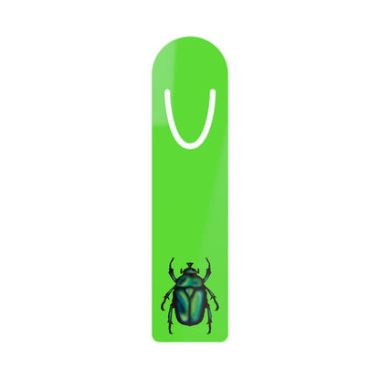 Lime green aluminum bookmark featuring a detailed illustration of a June bug (green chafer beetle), its iridescent body gleaming against the vibrant background.