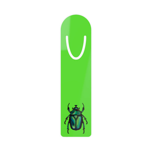 Lime green aluminum bookmark featuring a detailed illustration of a June bug (green chafer beetle), its iridescent body gleaming against the vibrant background.