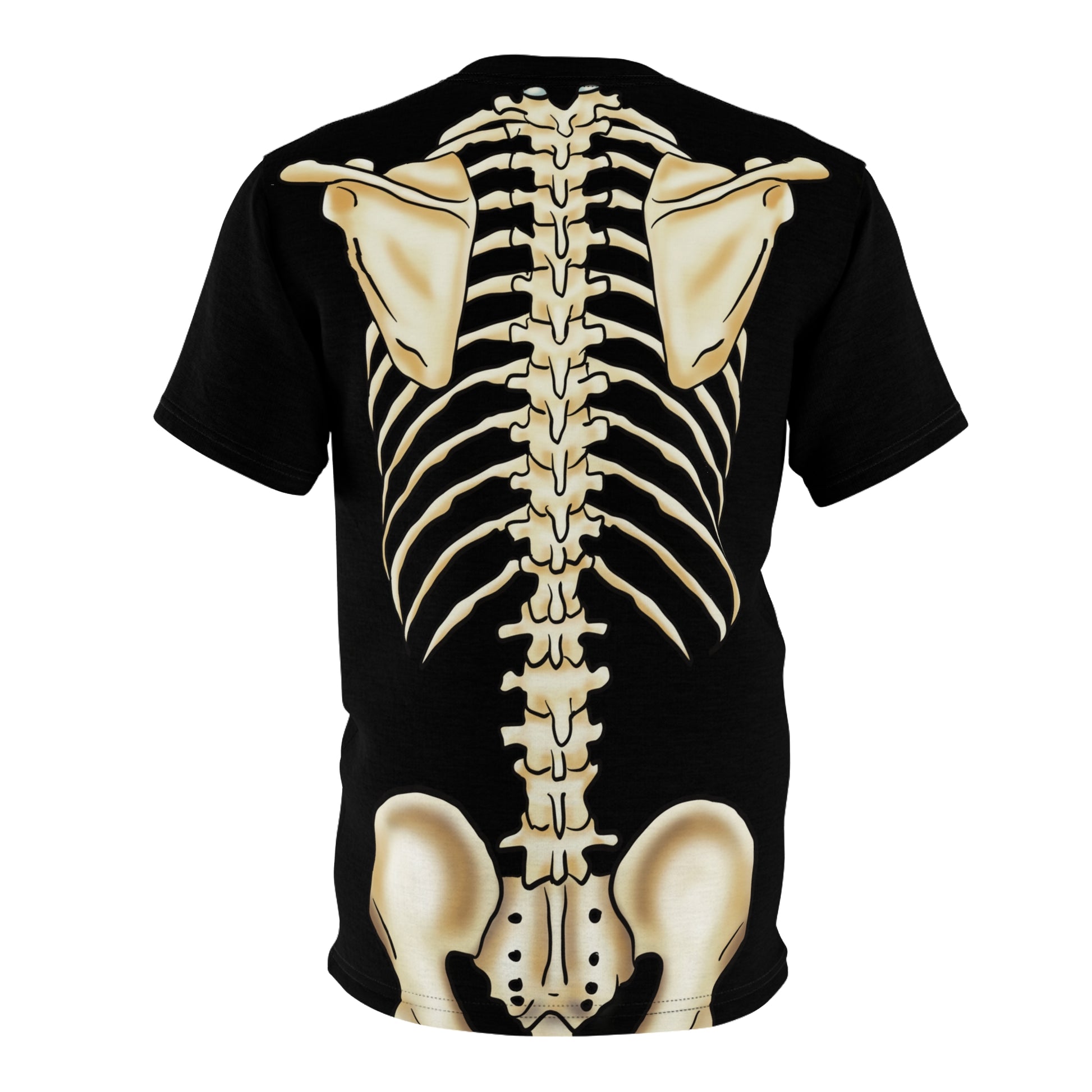 Posterior view of a unisex black athletic t-shirt with a detailed anatomical skeleton design that looks like an x-ray—perfect for when you want to flex your muscles and your inner structure.