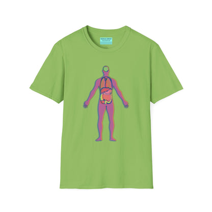 Light green t-shirt featuring an illustration of an anatomical figure with internal organs shown in different colors.