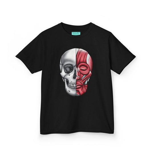 Kids' t-shirt in black featuring an anatomical drawing of a human skull, with facial muscles illustrated on one half of the skull.