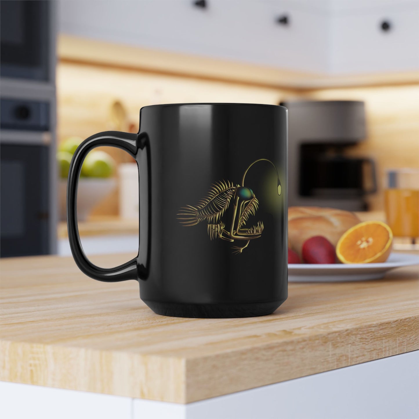 Angler Fish Skeleton Mug: Glowing Bioluminescent Lure Black Ceramic Coffee Mug