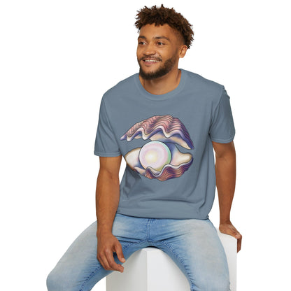 Man wearing a blue t-shirt featuring an illustration of a large oyster with a luminescent pearl inside.