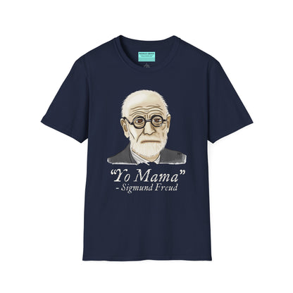 Navy unisex short sleeve tee featuring a hand-drawn portrait of Sigmund Freud looking suspiciously insightful, with the phrase "Yo mama" playfully printed below—because sometimes, every complex issue really does go back to your mother.