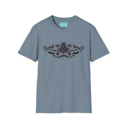 Slate blue t-shirt featuring a drawing of a blue and purple moth.