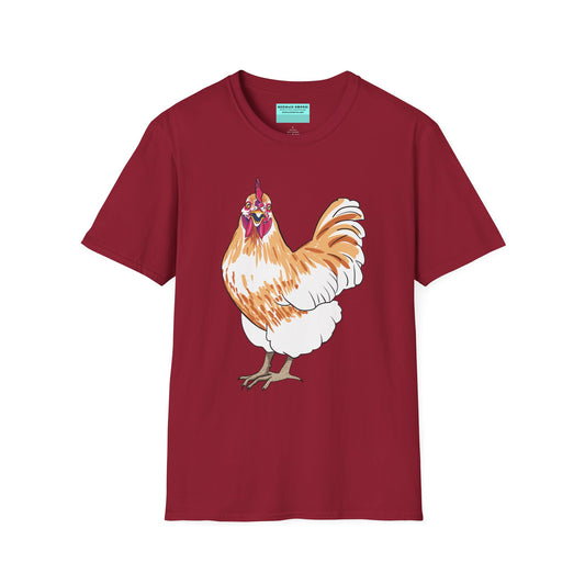 Red t-shirt featuring an illustration of a chicken.