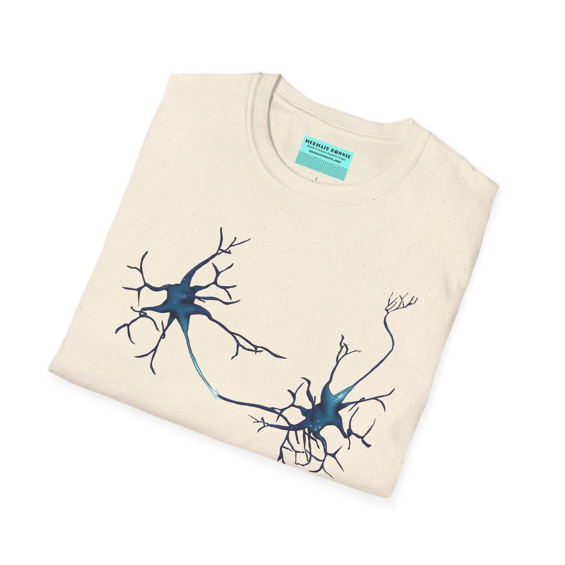 Folded beige t-shirt featuring an illustration of two blue neurons extending toward each other and forming a synapse across the front.