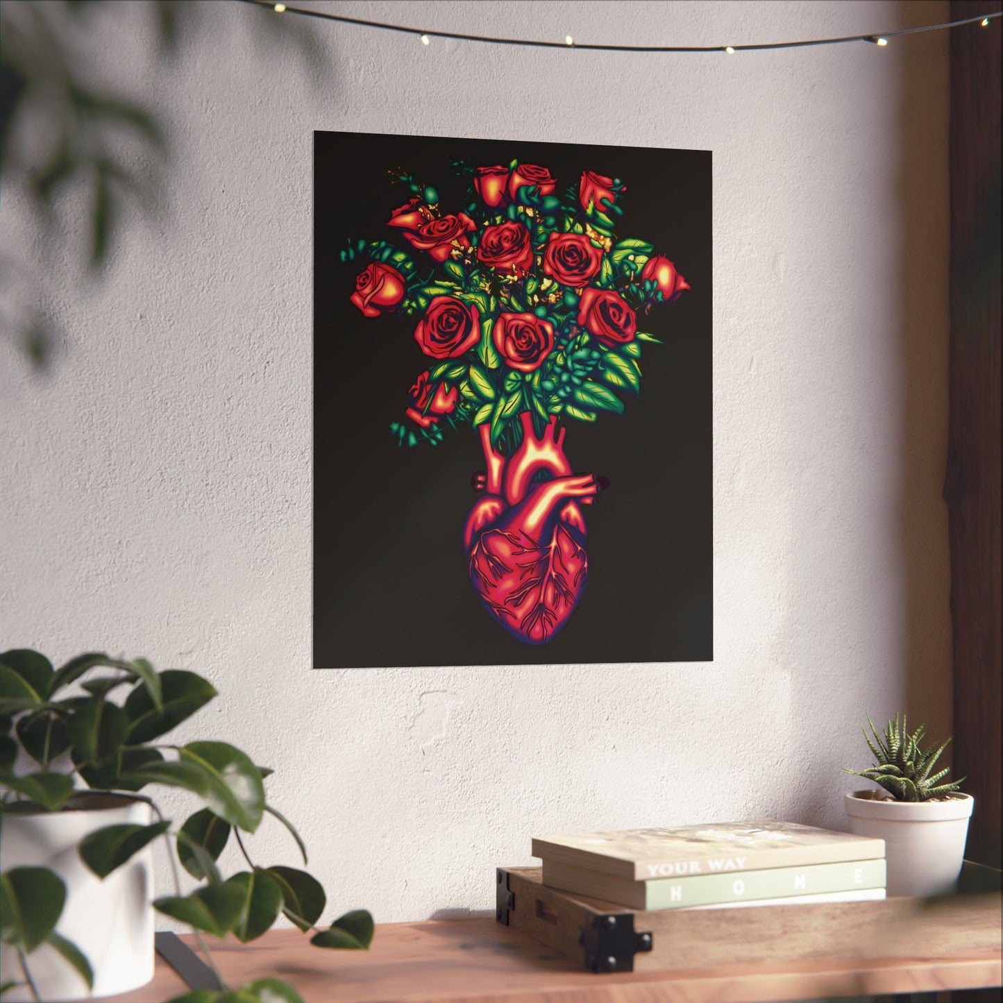 Anatomical Heart with Roses Art Print, Gothic Wall Decor Poster, Black and Red Floral Wall Poster