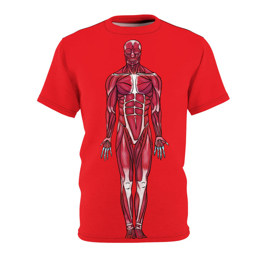 Red athletic t-shirt featuring a detailed anterior view diagram of the human muscular system printed on the front.