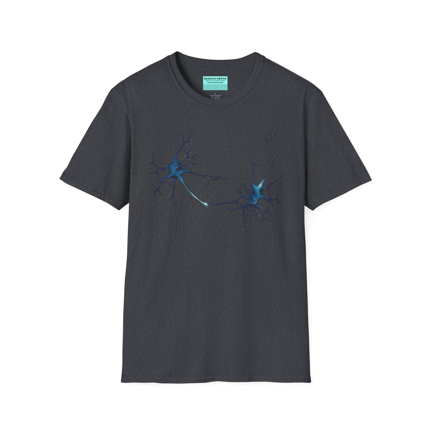 Dark grey t-shirt featuring an illustration of two blue neurons extending toward each other and forming a synapse across the front.