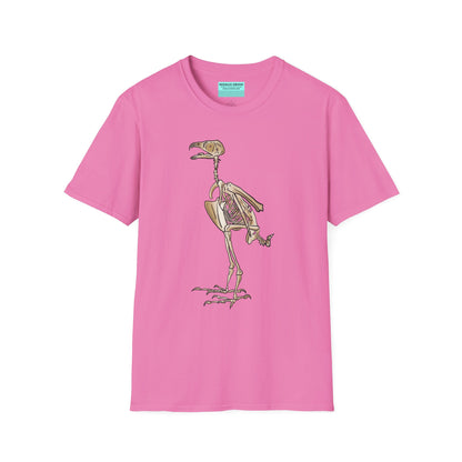 Pink unisex short sleeve t-shirt featuring a peregrine falcon skeleton—proof that even the fastest creature on Earth looks cool in x-ray vision.