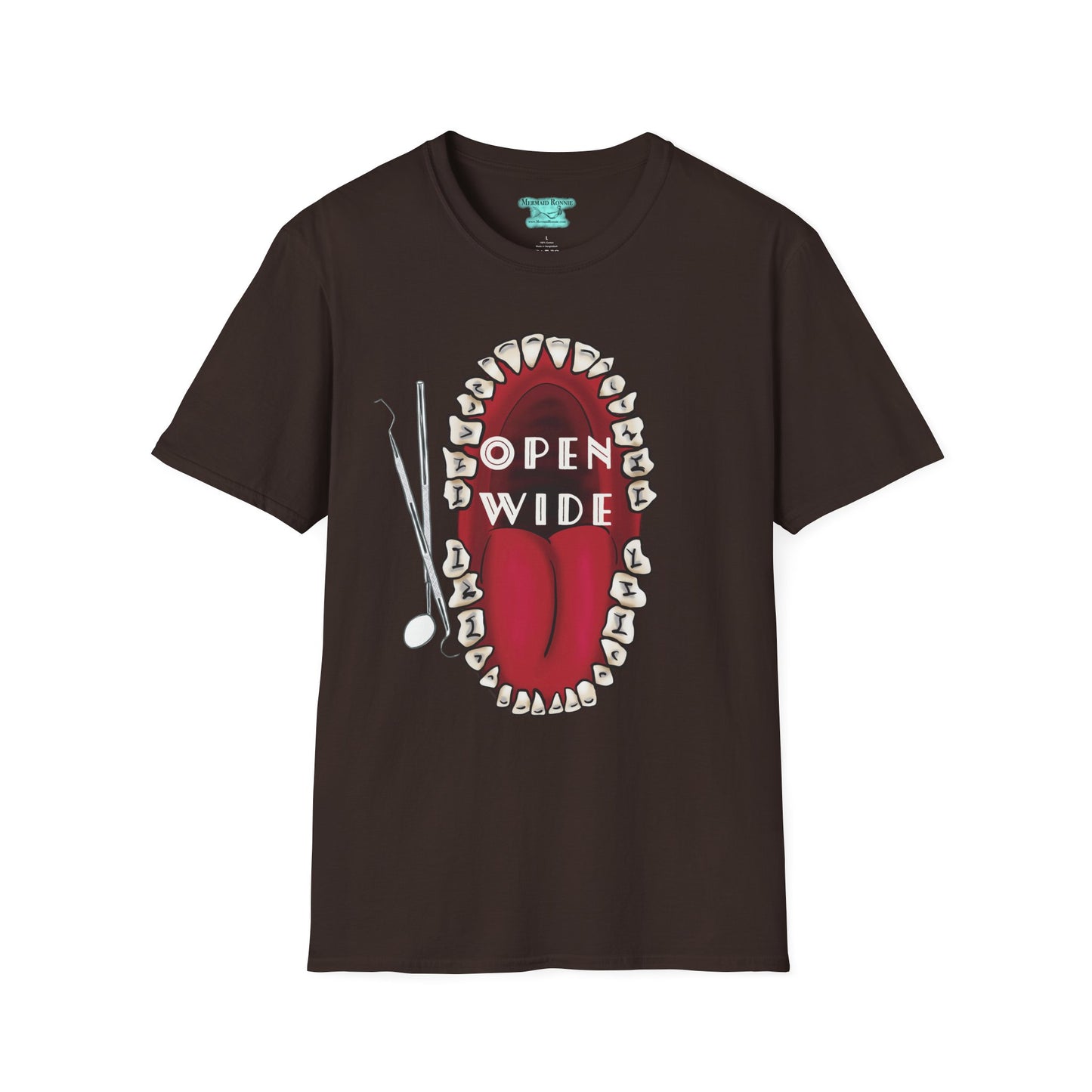 Dental Professional T-Shirt, Open Wide Design with Teeth and Dental Tools for Dentists and Dental Hygienists
