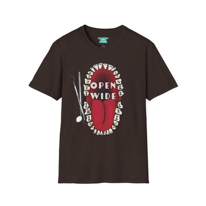 Dental Professional T-Shirt, Open Wide Design with Teeth and Dental Tools for Dentists and Dental Hygienists
