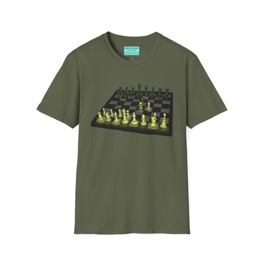 Military green unisex short-sleeve t-shirt featuring an electrifying chess board with glowing pieces mid–Queen’s Gambit, because nothing says “checkmate” like opening with flair and a radiant strategy.