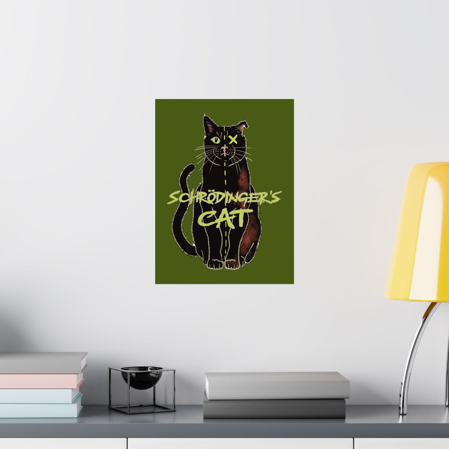Schrodinger's Cat Art Print Poster, Green Physics Poster, Black Cat Wall Art