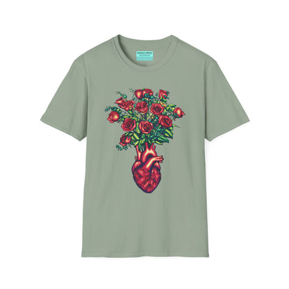 Green shirt featuring an illustration of an anatomical heart used as a vase, with a bouquet of roses emerging from it.