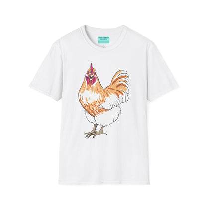 White t-shirt featuring an illustration of a chicken.