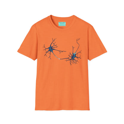 Orange t-shirt featuring an illustration of two blue neurons extending toward each other and forming a synapse across the front.