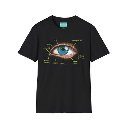 Black shirt featuring an anatomical diagram of an eye, with labeled parts of the eye displayed.