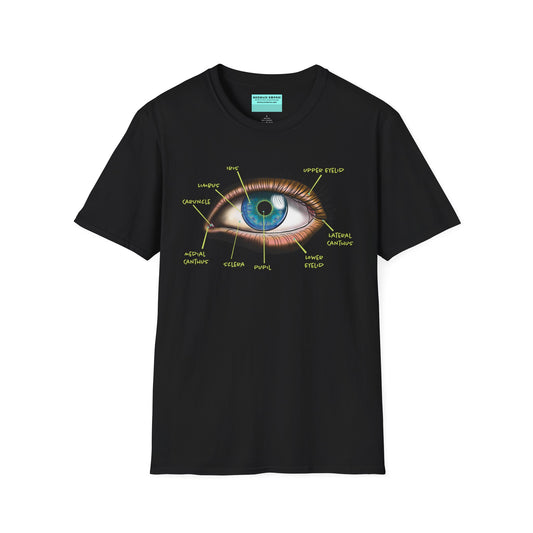 Black shirt featuring an anatomical diagram of an eye, with labeled parts of the eye displayed.
