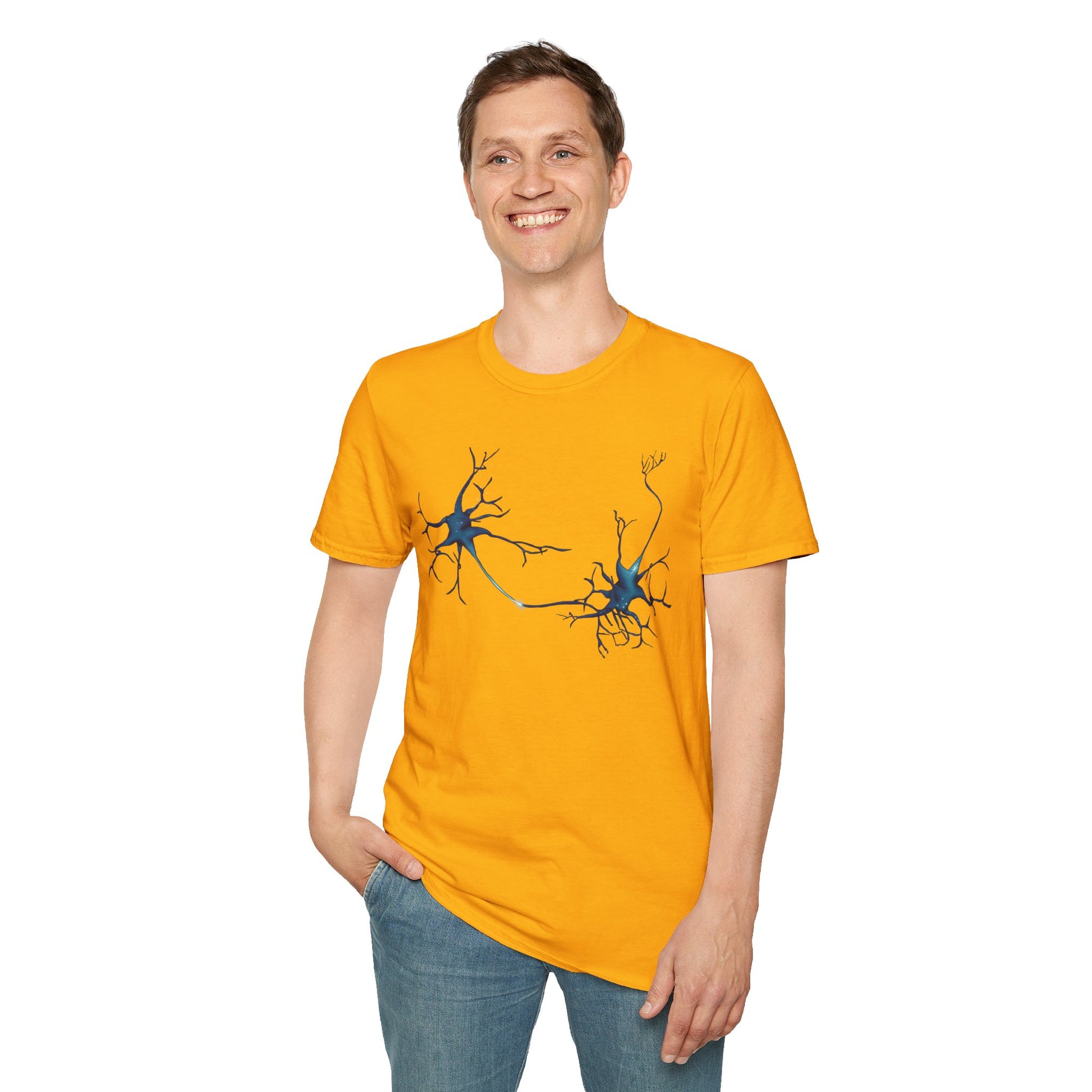 Man wearing a yellow t-shirt featuring an illustration of two blue neurons extending toward each other and forming a synapse across the front.