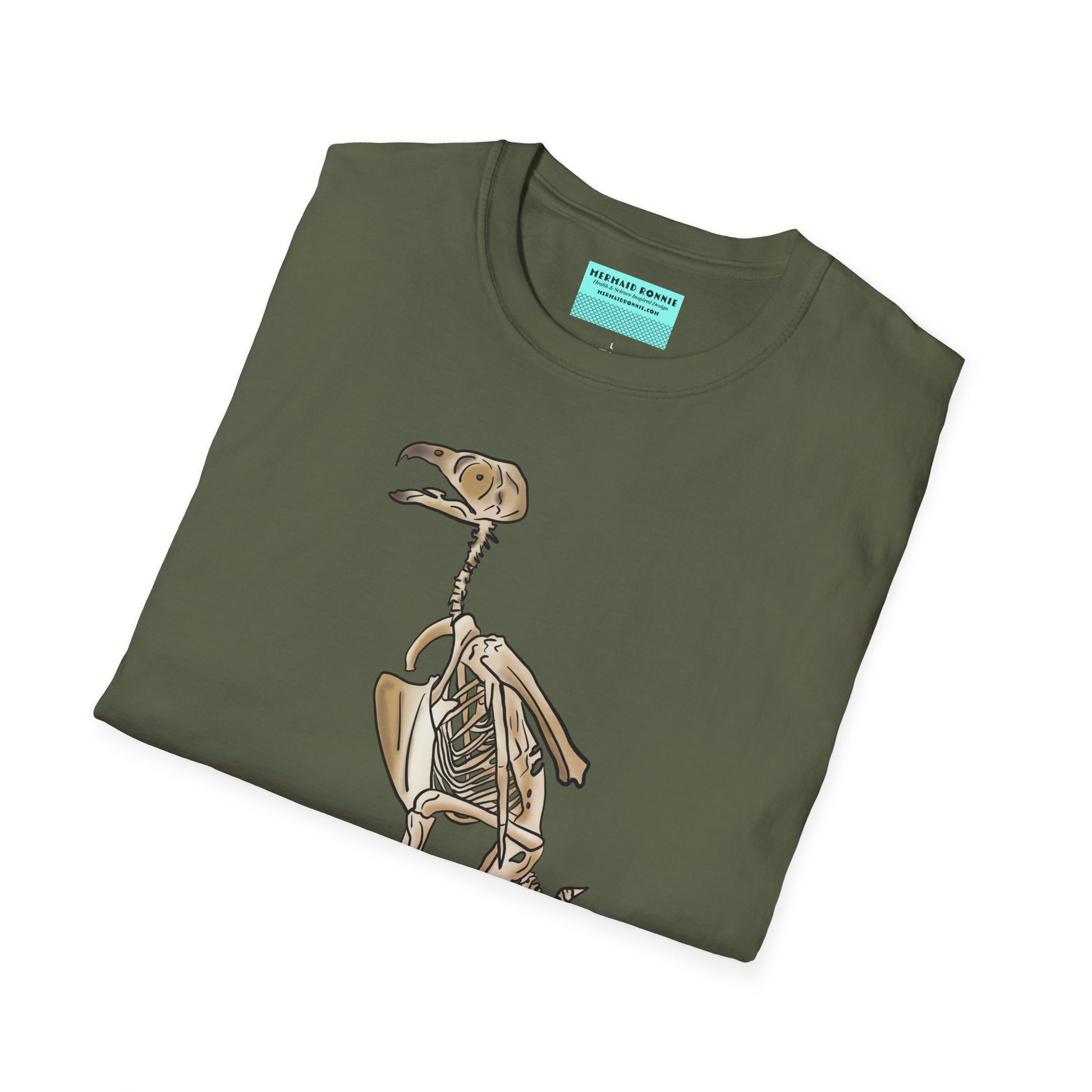 Folded military green unisex short sleeve t-shirt featuring a peregrine falcon skeleton—proof that even the fastest creature on Earth looks cool in x-ray vision.